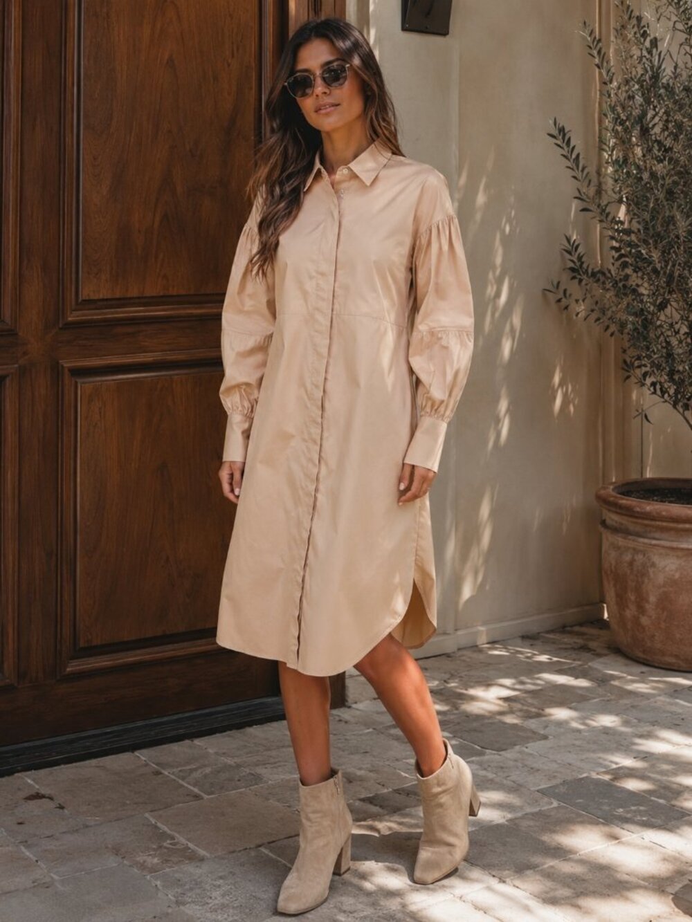 En Saison En Saison Sandrine Long Sleeve Cotton Shift Dress in Sand Size S NWT